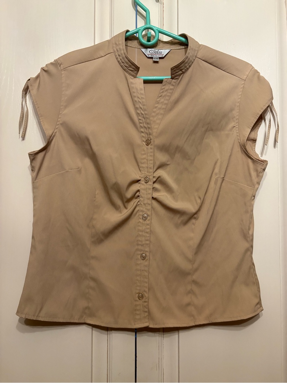 Y2K~ Dalia Beige Cap-Sleeve Tie-Detail Button-Front Top